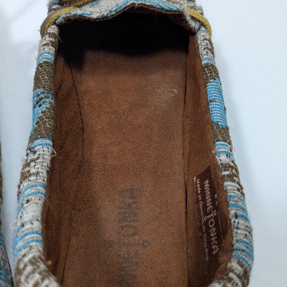 Minnetonka Baja Aztec Tribal Print Turquoise Geometric Hardsole Moccasin 8.5 - Picture 11 of 14